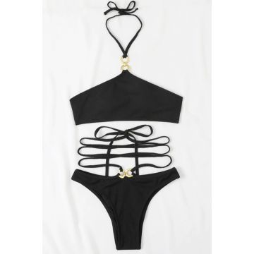 Costum de baie Bora Bora, doua piese, cu accesorii metalice si snur pe talie, negru