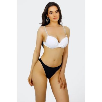 Costum de baie doua piese Amaya, slip brazilian, sutien reglabil cu push up si strasuri, Alb/Negru