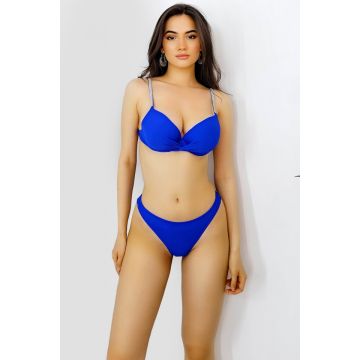 Costum de baie doua piese Amaya, slip brazilian, sutien reglabil cu push up si strasuri, Albastru