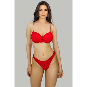 Costum de baie doua piese Amaya, slip brazilian, sutien reglabil cu push up si strasuri, Rosu