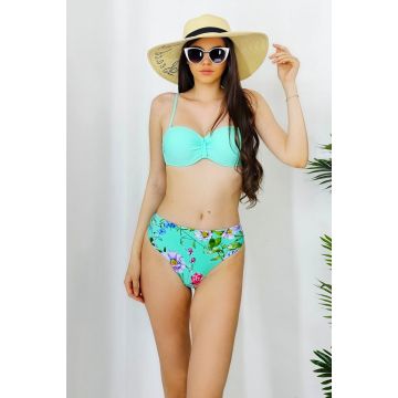 Costum de baie doua piese Azalee, imprimeu floral si sutien uni cu push up, Roses Turquoise