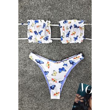 Costum de baie doua piese Butterflies Blue cu slip in doua nuante