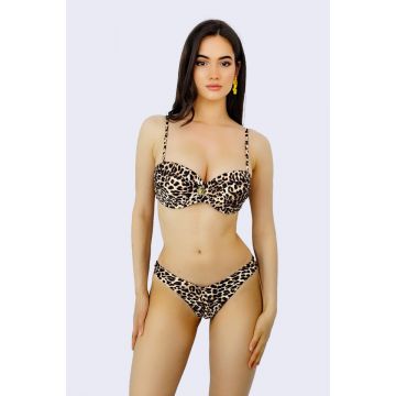 Costum de baie doua piese Lea, slip cu talia in V si sutien buretat, Animal print, Maro