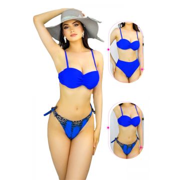 Costum de baie trei piese Ingrid, cu doua tipuri de slip si imprimeu abstract, Albastru