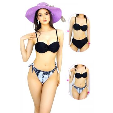 Costum de baie trei piese Ingrid, cu doua tipuri de slip si imprimeu abstract, Negru