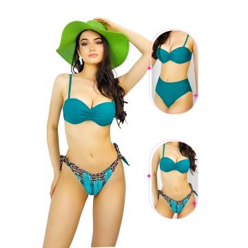 Costum de baie trei piese Ingrid, cu doua tipuri de slip si imprimeu abstract, Turquoise