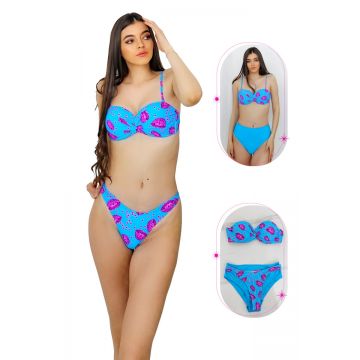 Costum de baie trei piese Maggie, imprimeu abstract si sutien cu push up, Albastru