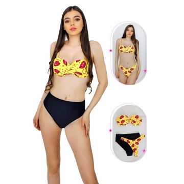 Costum de baie trei piese Maggie, imprimeu abstract si sutien cu push up, Galben