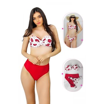 Costum de baie trei piese Maggie, imprimeu abstract si sutien cu push up, Rosu