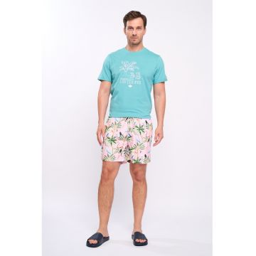 Pantaloni scurti de baie cu model tropical si talie ajustabila