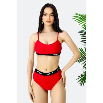 Costum de baie 3 piese MeYNA, slip tanga, slip brazilian si sutien sport, Rosu