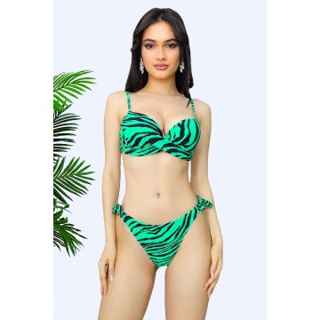 Costum de baie 3 piese Nataly, cu doua tipuri slip si sutien push up, Verde