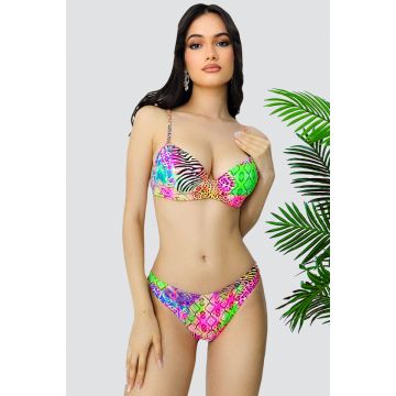 Costum de baie doua piese Yolis, imprimeu jungle si sutien ajustabil, Fucsia