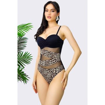 Costum de baie intreg Carol, cu insertii de tull si print leopard, Negru si Bej