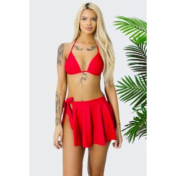 Costum de baie trei piese Maddy, slip clasic, fusta scurta si sutien cu paiete, Rosu