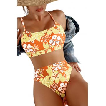 Costum de baie dama - 2 piese - model floral - sutien tip bustiera si chilot cu talie inalta - EFAYN