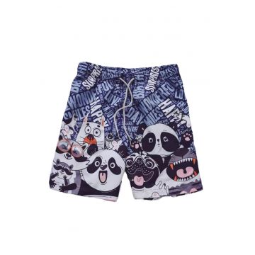 Pantaloni scurti de baie tip sort - barbati - imprimeu ursuleti panda si prietenii lor - model regatul animalelor fericite - uscare rapida - EFAYN