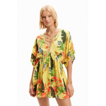 Rochie de plaja cu imprimeu tropical si decolteu in V Rochie de plaja cu imprimeu tropical si decolteu in V
